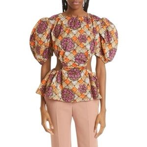 $495 Autumn Adeigbo Ilona Purple Puff Sleeve Cut Out Purple Orange Pattern 0023